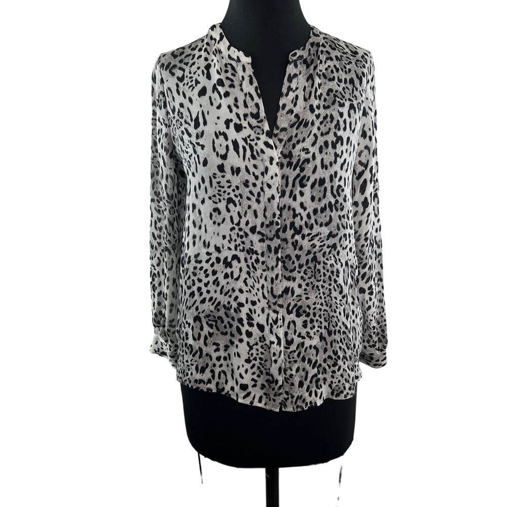 JOIE Purine Gray Black Top Silk Leopard Split Neck Balloon Sleeve Size XSmall XS